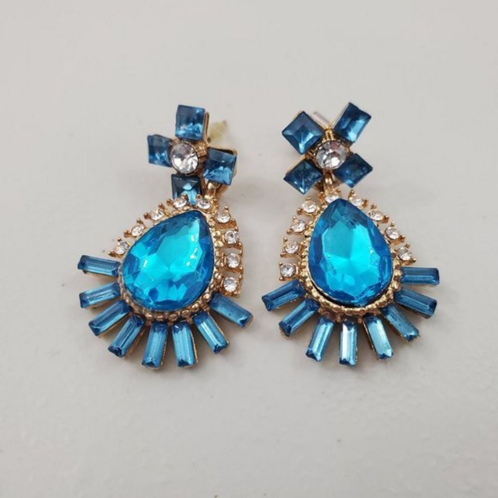 Blue Rhinestone‎ Earrings Gold Tone Teardrop Statem